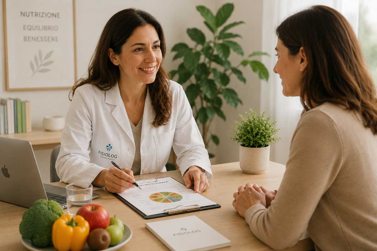 Dietologa durante una consulenza nutrizionale personalizzata con una paziente in uno studio medico Fisiolog, con piano alimentare e valutazione del benessere metabolico.