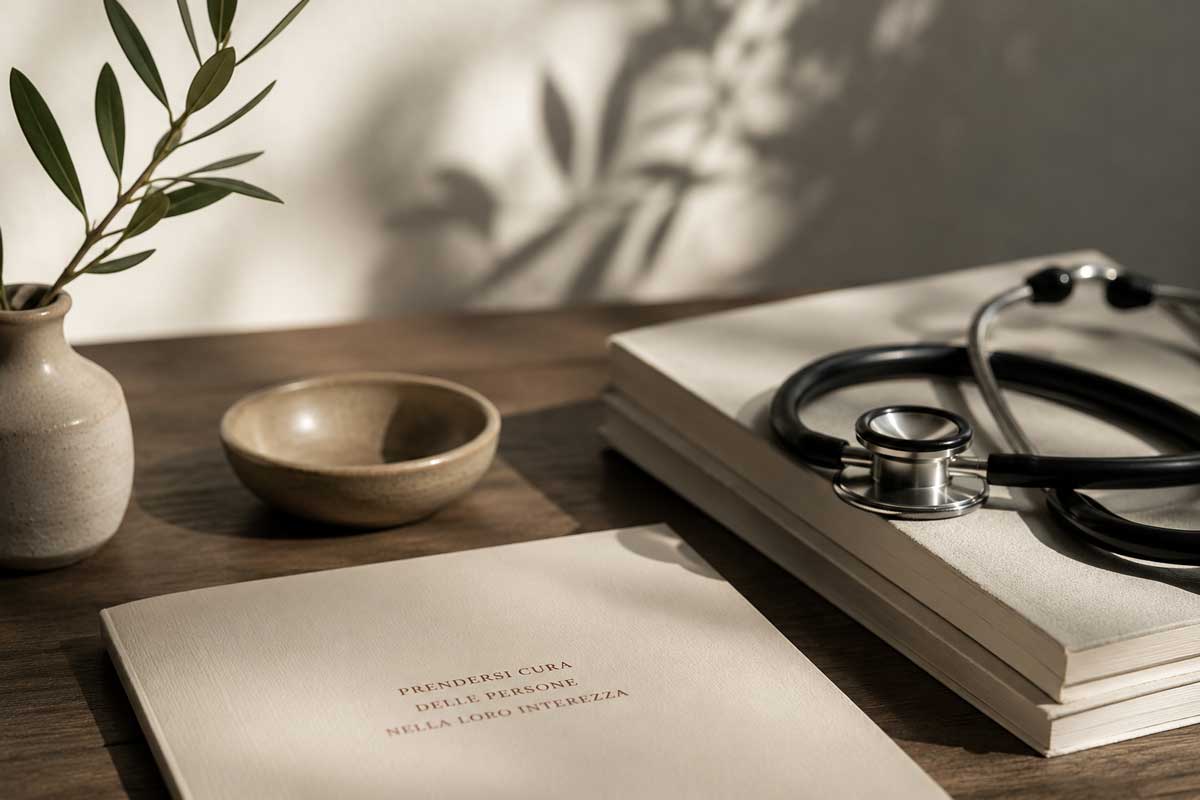 Scrivania di uno studio medico con stetoscopio appoggiato su libri, vaso con ramo d'ulivo e quaderno con la frase «Prendersi cura delle persone nella loro interezza», illuminati da luce naturale.