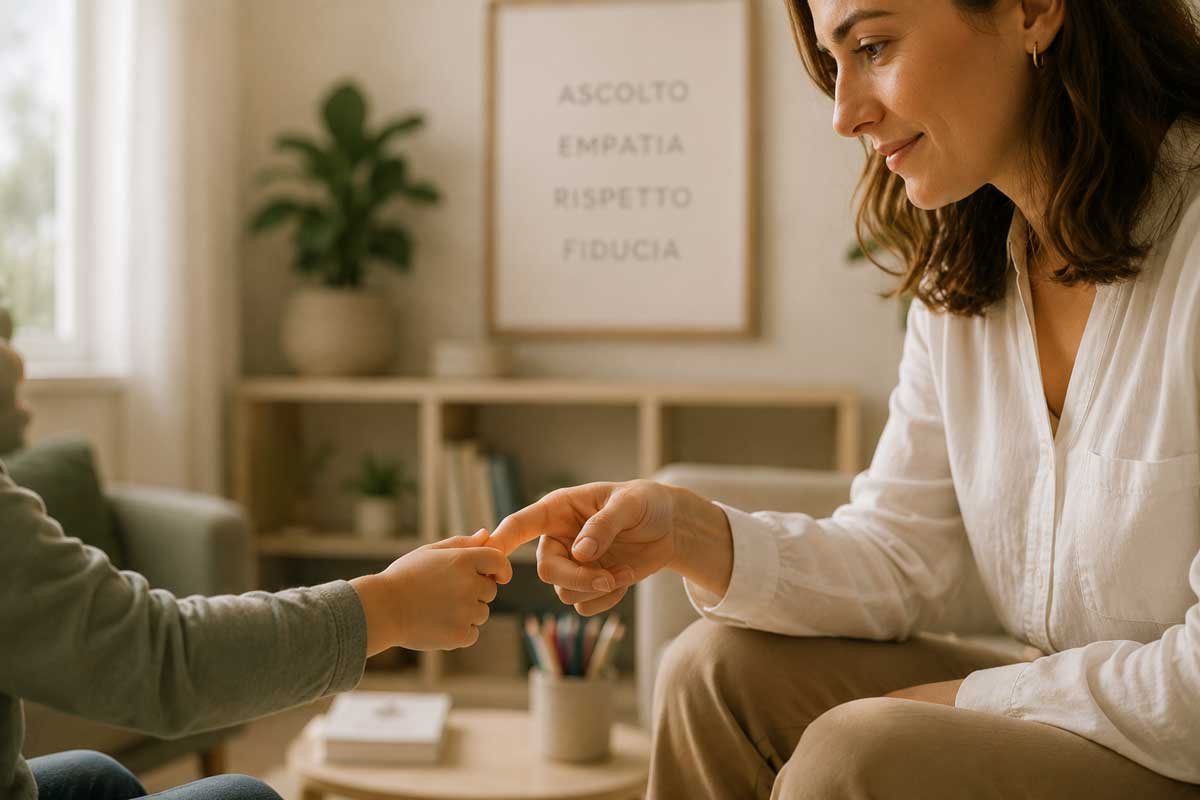 Mano di un bambino che stringe il dito di una psicologa durante un incontro nel Centro Medico Fisiolog, in un ambiente accogliente e illuminato da luce naturale, simbolo di fiducia, ascolto e cura della persona