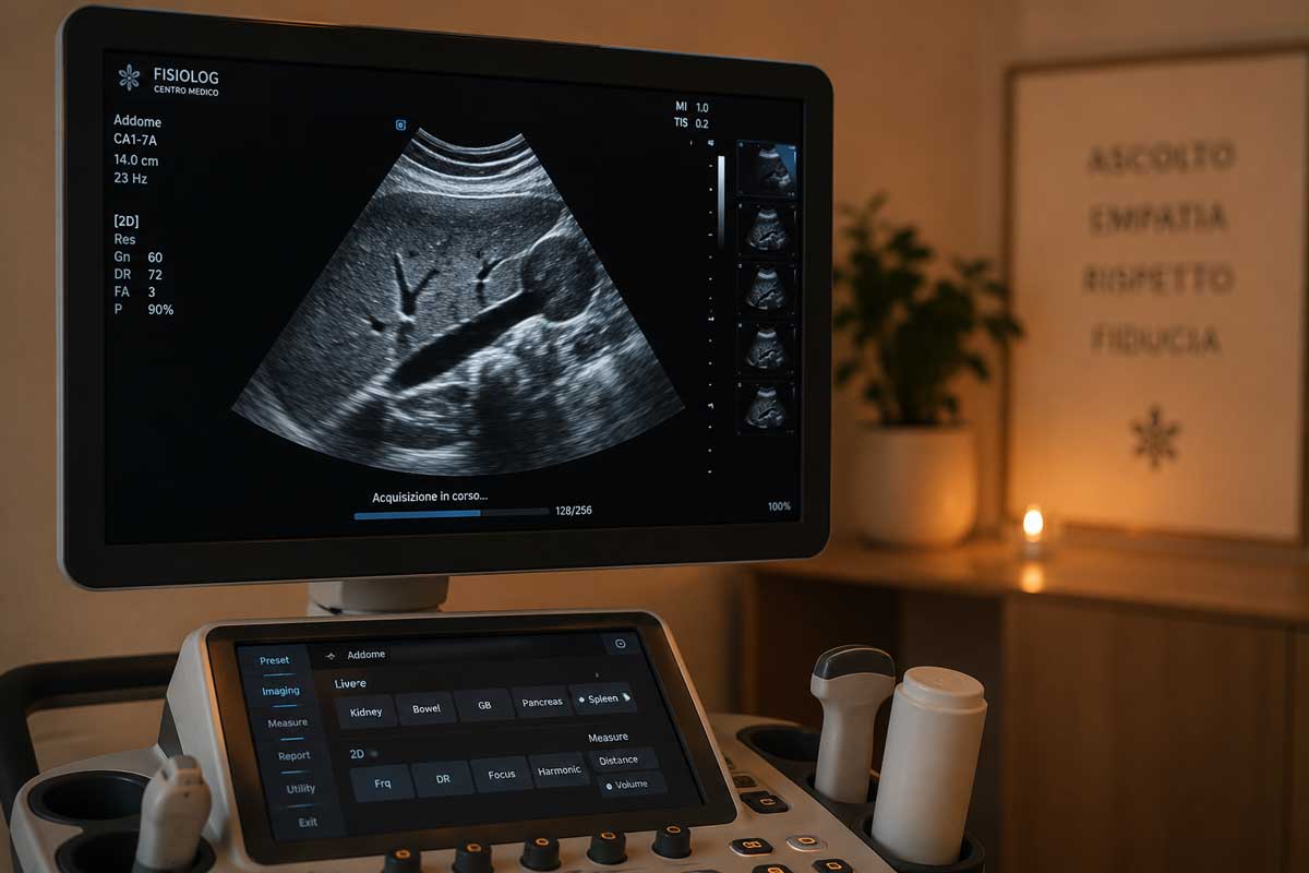 monitor ecografico con un'immagine nitida di un organo, colto nel momento dell'acquisizione