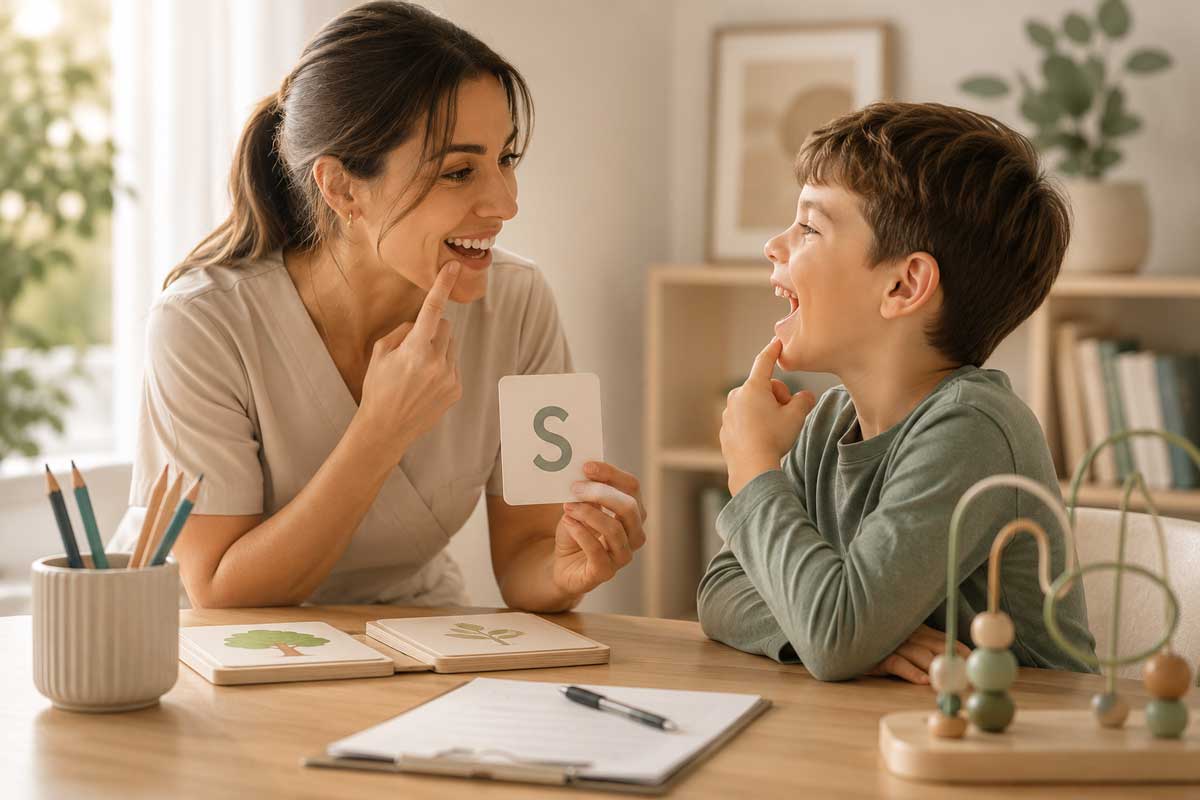 Logopedista Fisiolog svolge un esercizio di articolazione del linguaggio con un bambino sorridente durante una seduta di logopedia in uno studio accogliente e luminoso