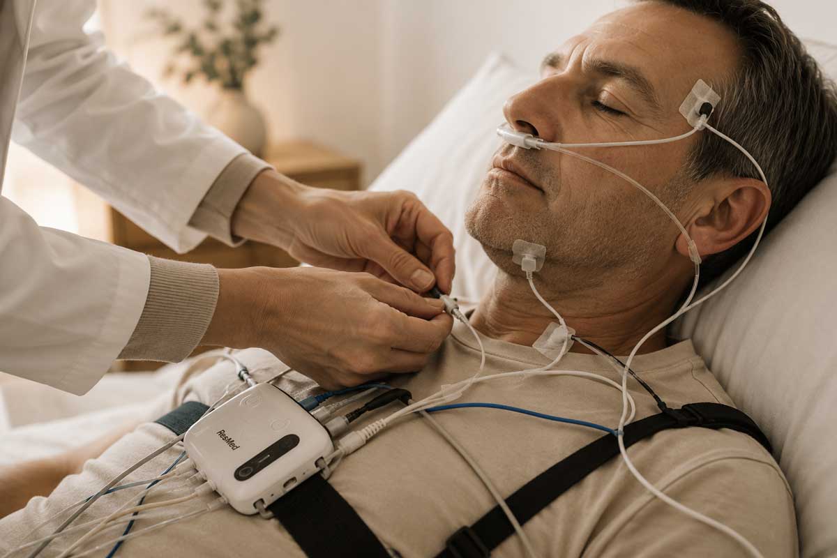 Operatore sanitario applica i sensori per un esame di polisonnografia a un paziente disteso sul letto durante la preparazione al monitoraggio del sonno.