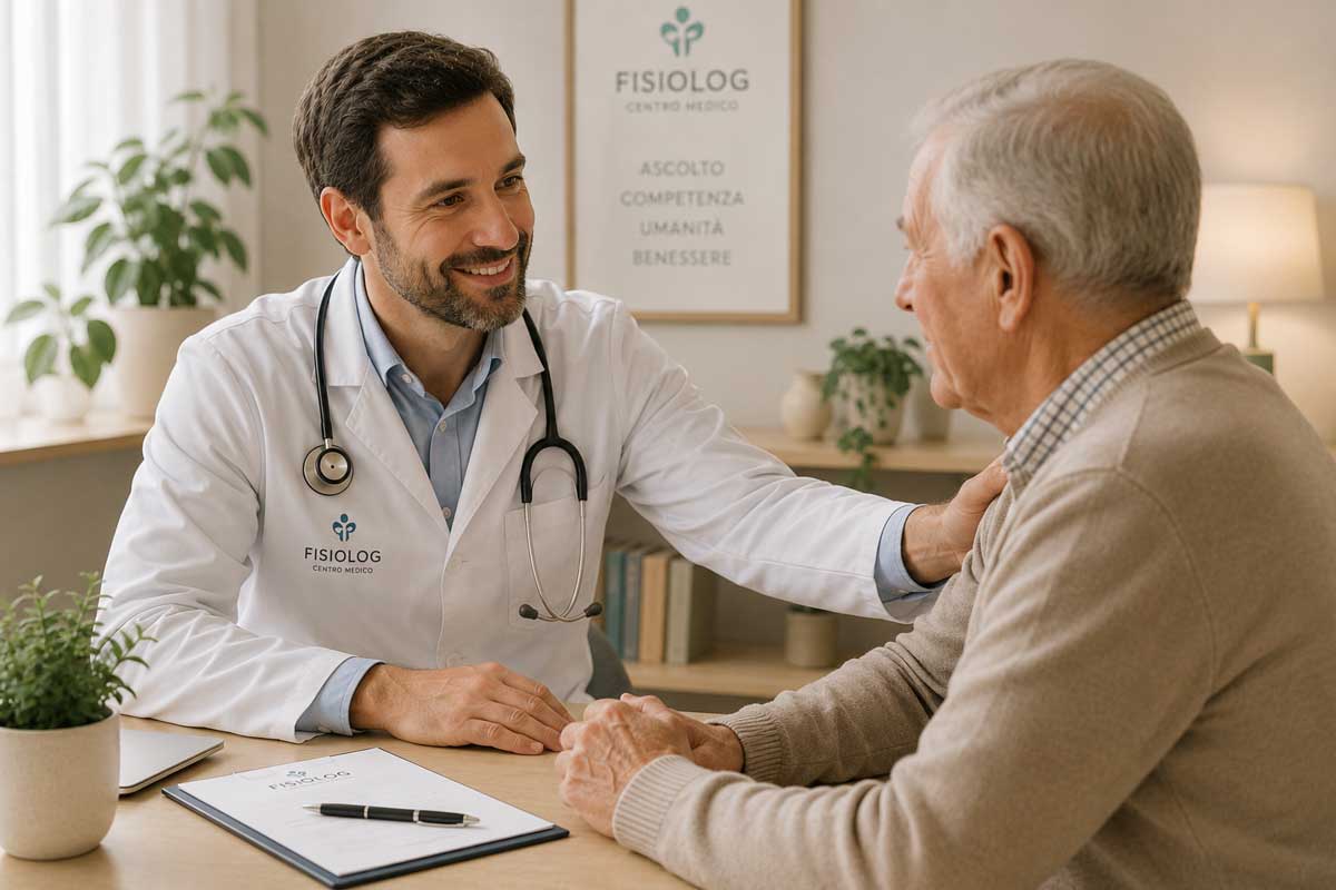 Medico durante una visita con una paziente anzioano in uno studio medico Fisiolog, e valutazione dello stato neurologico.